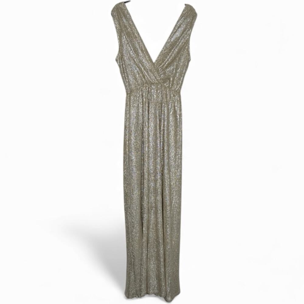Gold Metallic Shimmer Maxi Gown • Deep V Formal Dress • Prom Gala Holiday Glam